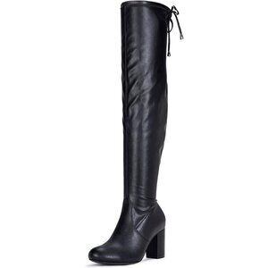 Women's Black Pu Suede Chunky Heels Zipper Over The Knee High Adjustable Boots